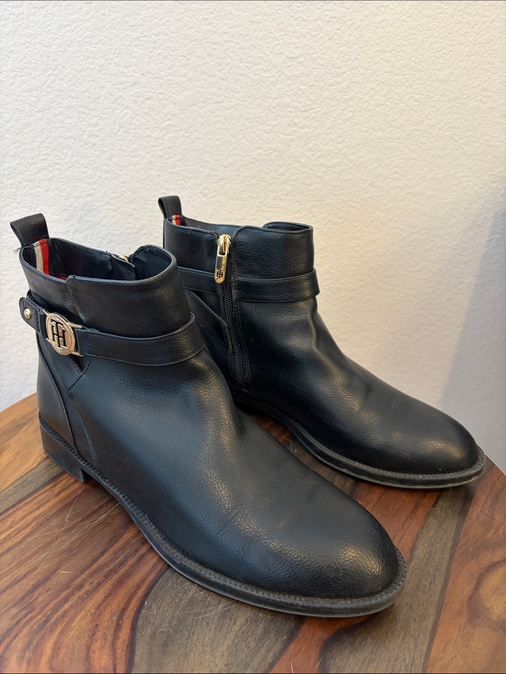 Tommy Hilfiger Black Faux Leather Booties with Gold Hardware
